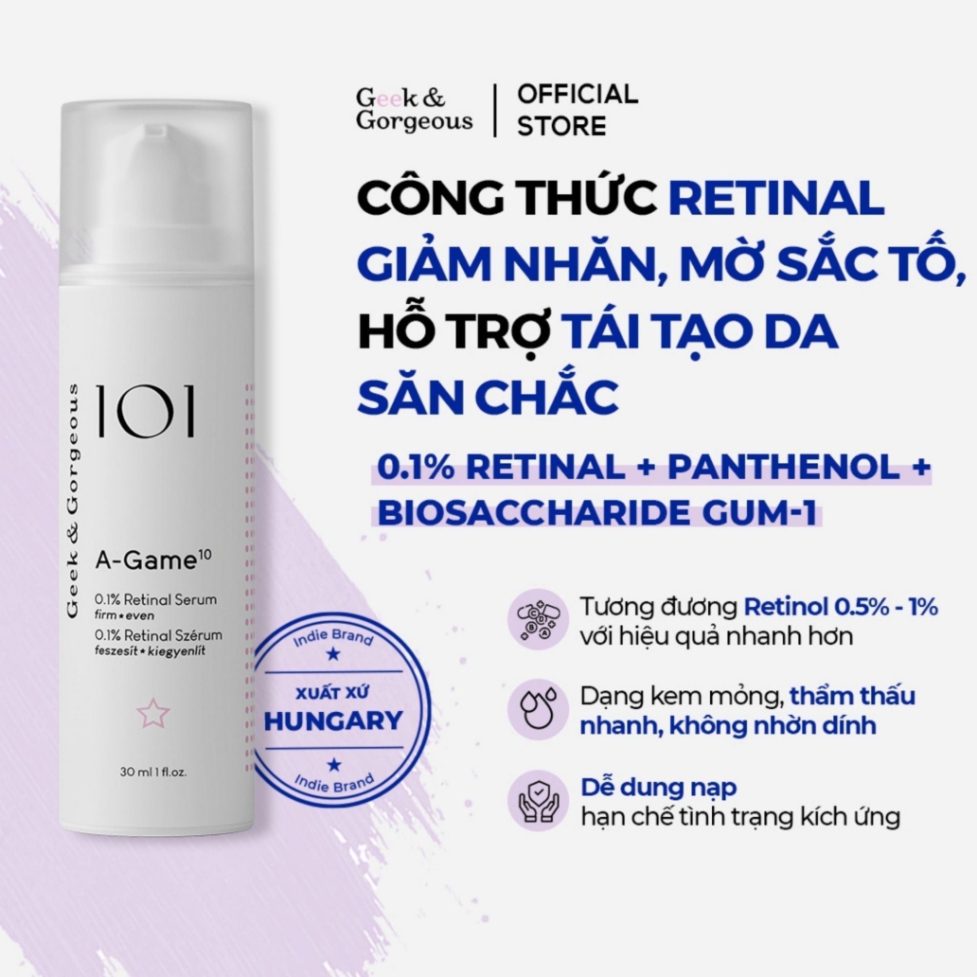 Tinh chất chống lão hoá, hỗ trợ tái tạo da Geek&Gorgeous A-Game 0.1% - 30ml